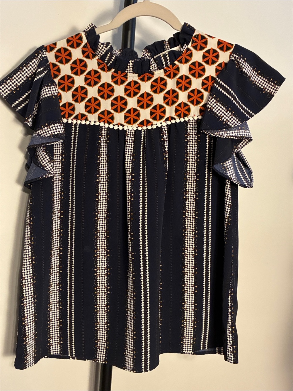 Navy Striped Ruffle-Sleeve Blouse with Orange Embroidered Yoke